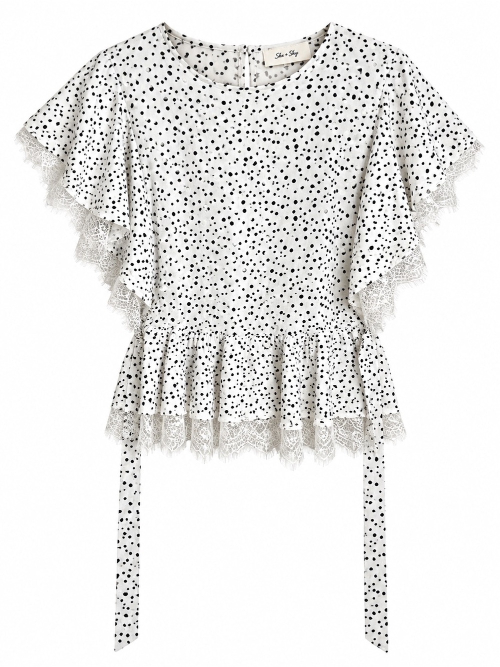 She & Sky Womens Polka Dot Peplum Blouse Open Back Lace Ruffle Top L